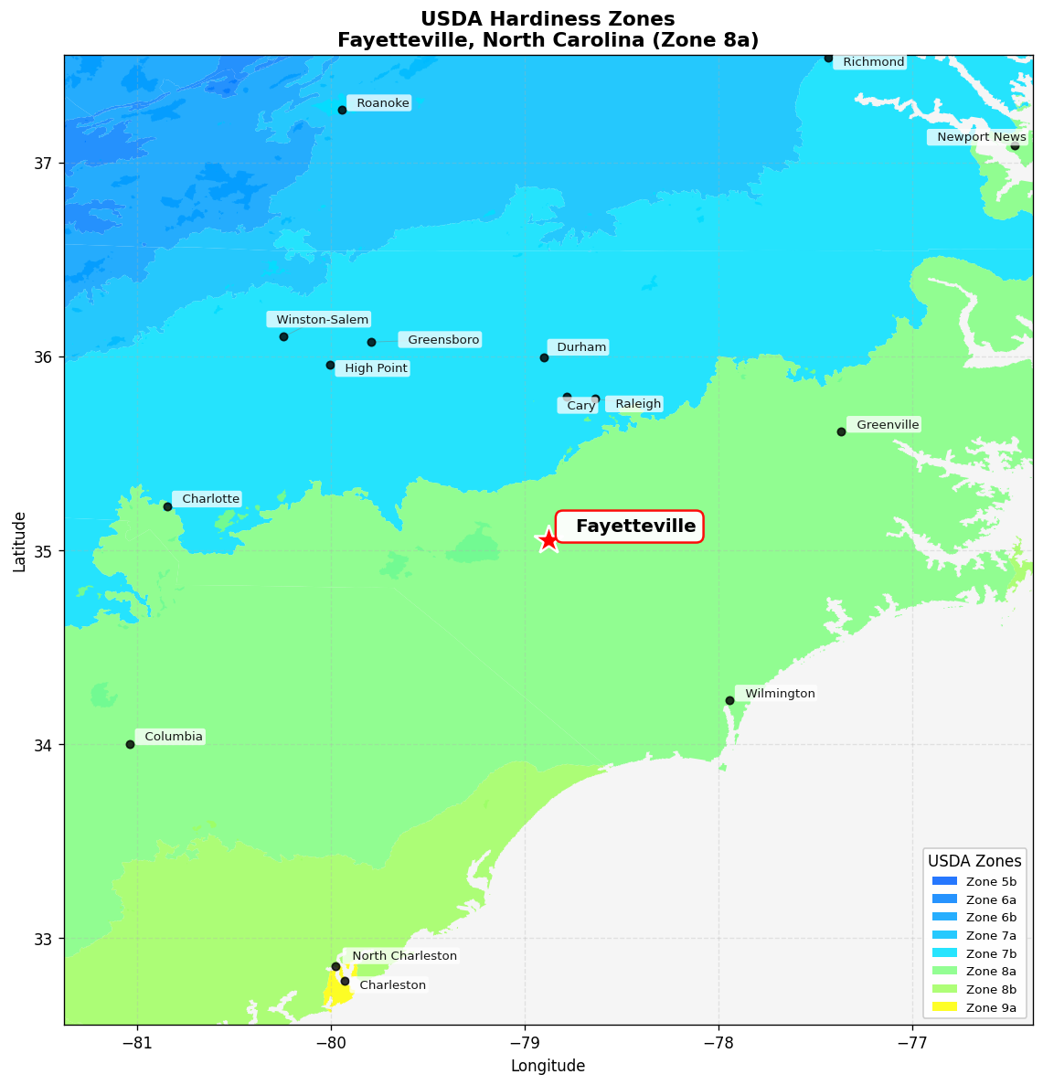 USDA Hardiness Zone 8a Map for Fayetteville, NC
